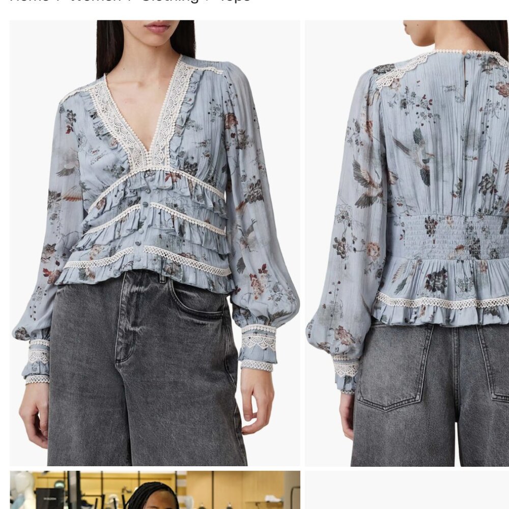 AllSaints Zora Tiered Floral Long Sleeve Top - Origin Blue Bird - sz 4 US (UK 8)